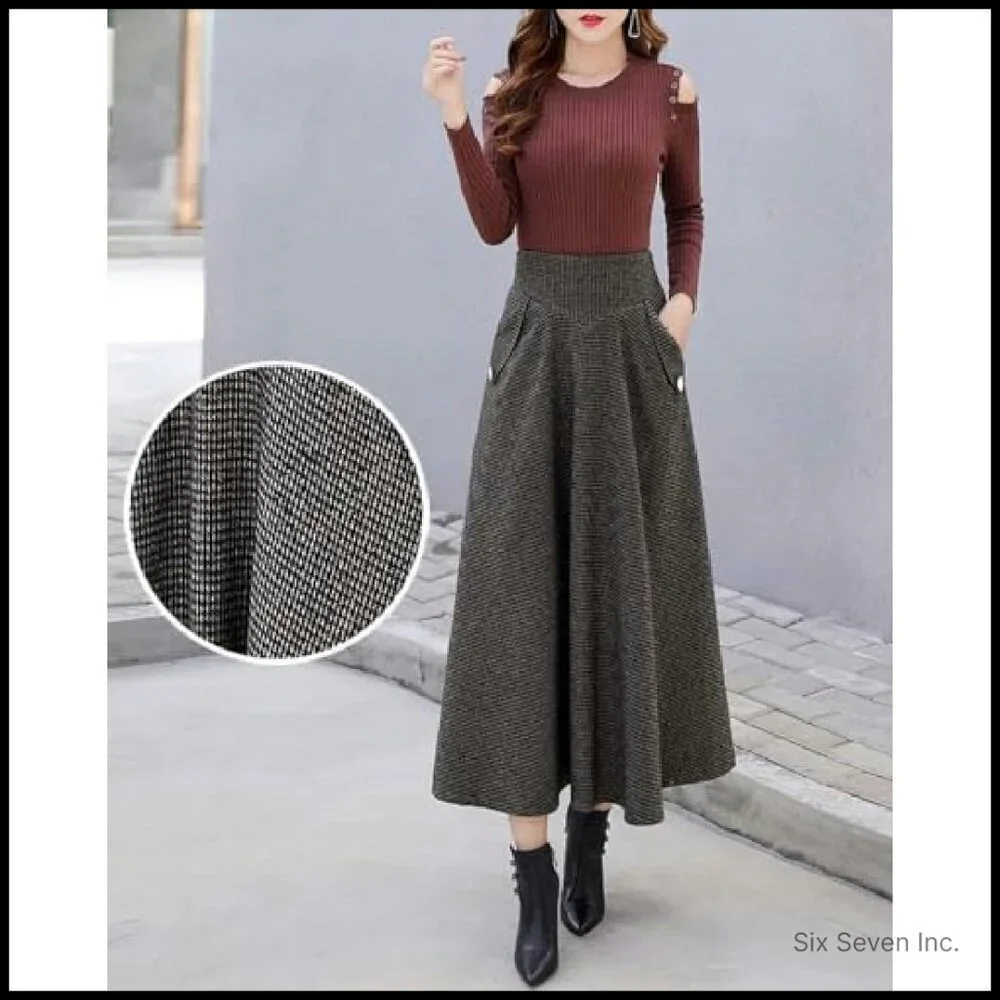 Wool Plaid Mini Skirt High Waisted Bodycon Pencil Skirt Elegant Chic